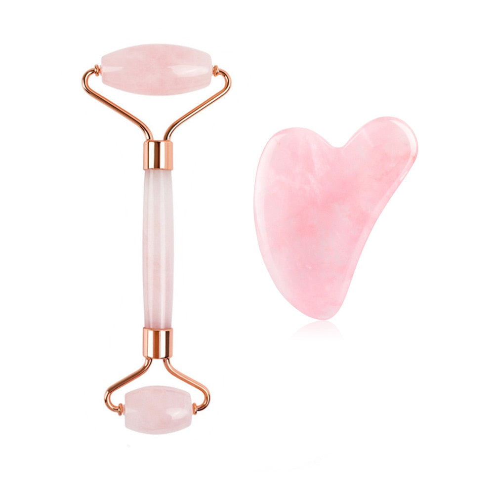 Rose Quartz Natural Jade Roller Gua Sha Scraper Set