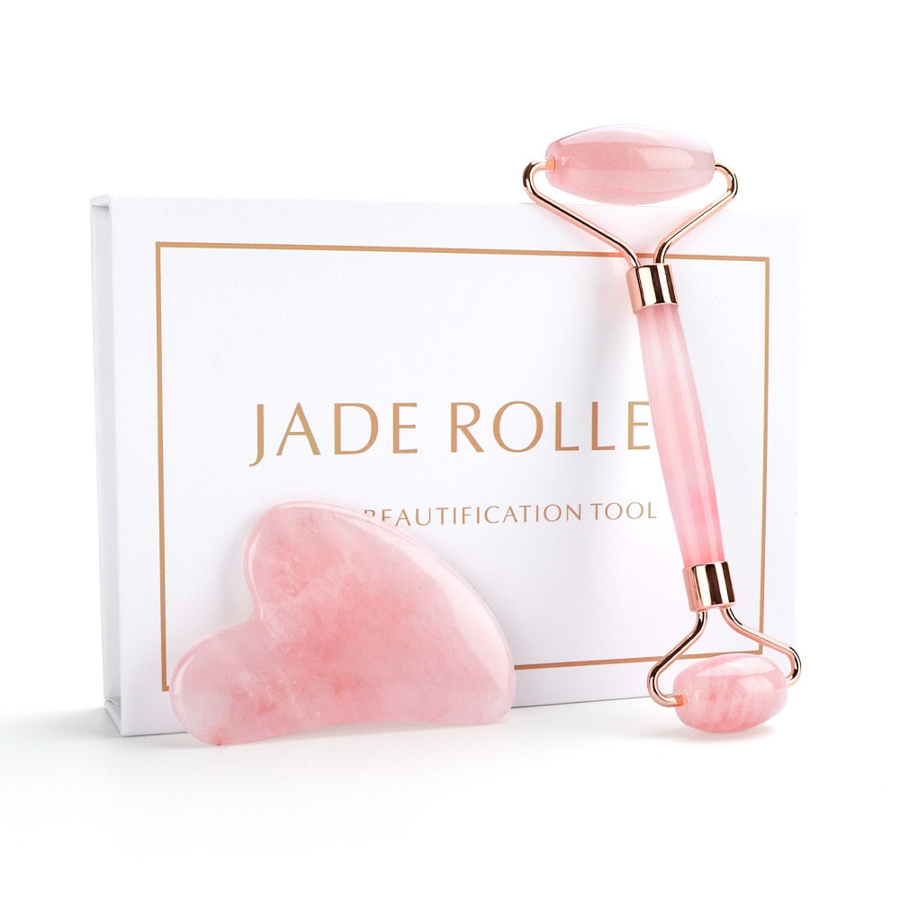 Rose Quartz Natural Jade Roller Gua Sha Scraper Set