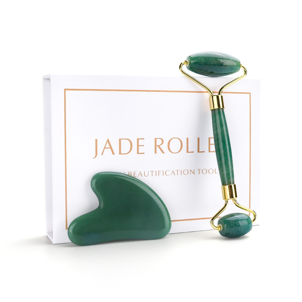 Rose Quartz Natural Jade Roller Gua Sha Scraper Set