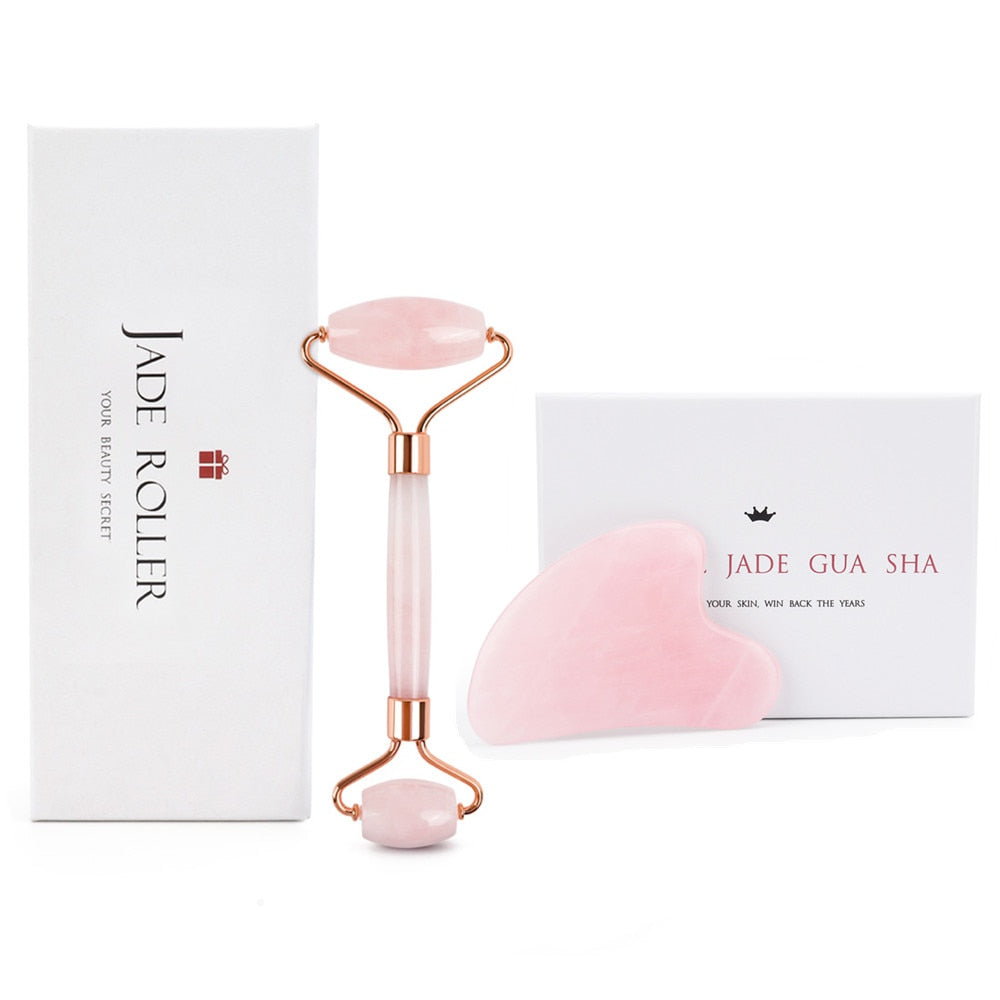 Rose Quartz Natural Jade Roller Gua Sha Scraper Set