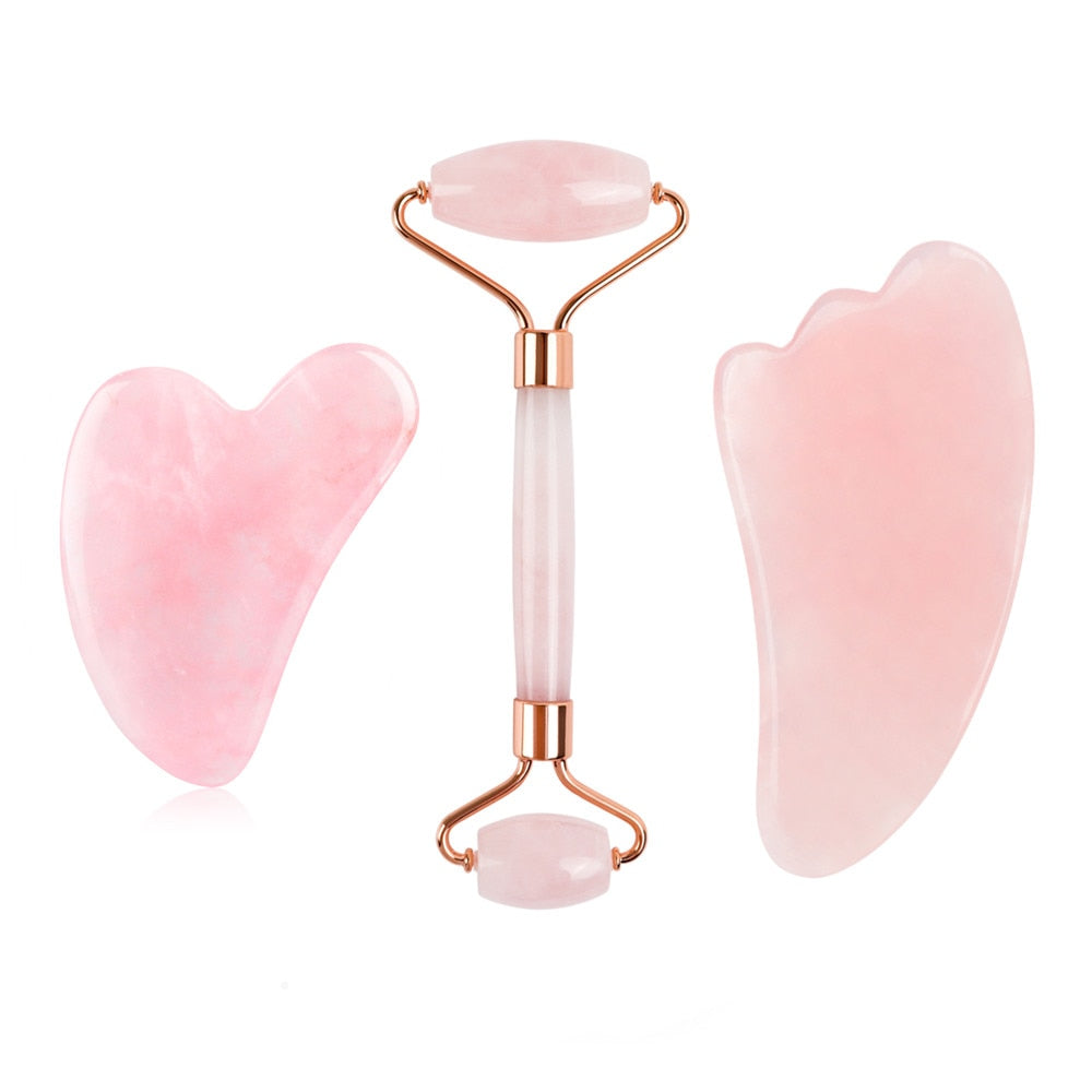 Rose Quartz Natural Jade Roller Gua Sha Scraper Set