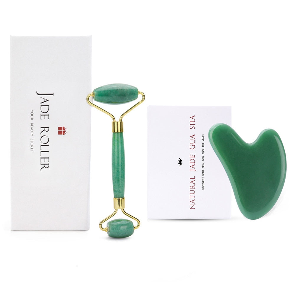 Rose Quartz Natural Jade Roller Gua Sha Scraper Set