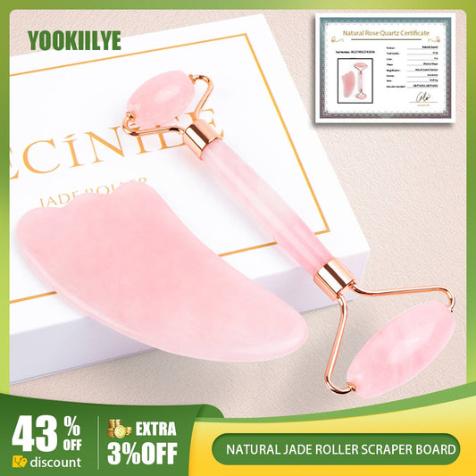 Rose Quartz Natural Jade Roller Gua Sha Scraper Set