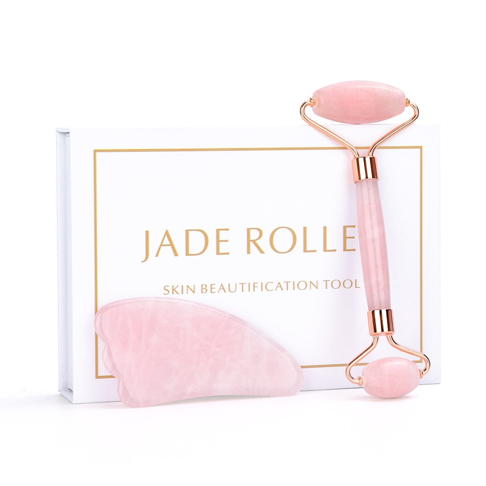 Rose Quartz Natural Jade Roller Gua Sha Scraper Set