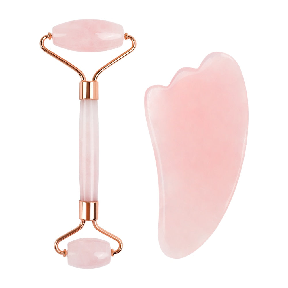 Rose Quartz Natural Jade Roller Gua Sha Scraper Set