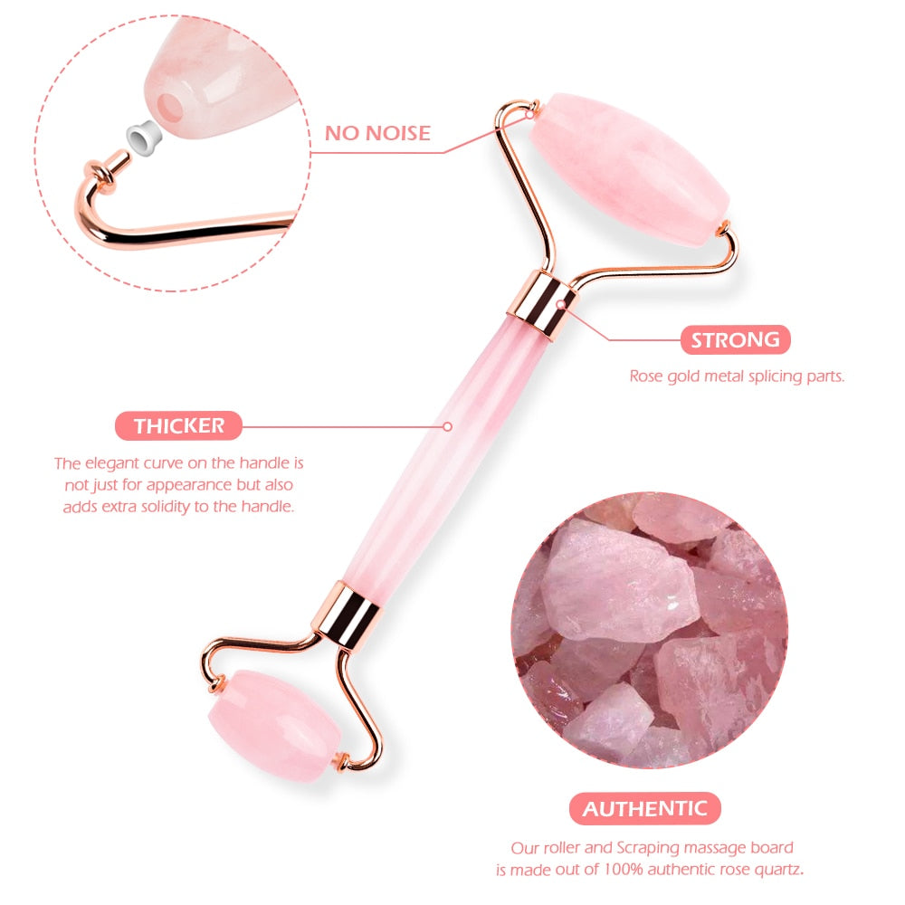 Rose Quartz Natural Jade Roller Gua Sha Scraper Set